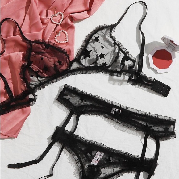 Star Pattern Mesh Garter Lingerie Set - Picture 1 of 5